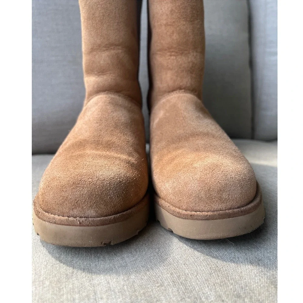 UGG Women's 7 Amie Classic Slim Wedge Boots Chestnut Suede Shearling 1013428